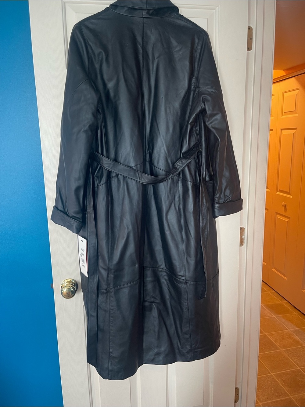Excelled Black Leather Duster Coat L Long Open Front Belted Soft Lamb Leather - Picture 4 of 14
